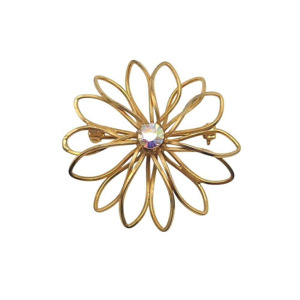 Vintage Gold Tone Flower Brooch With AB Rhinestone Centerpin